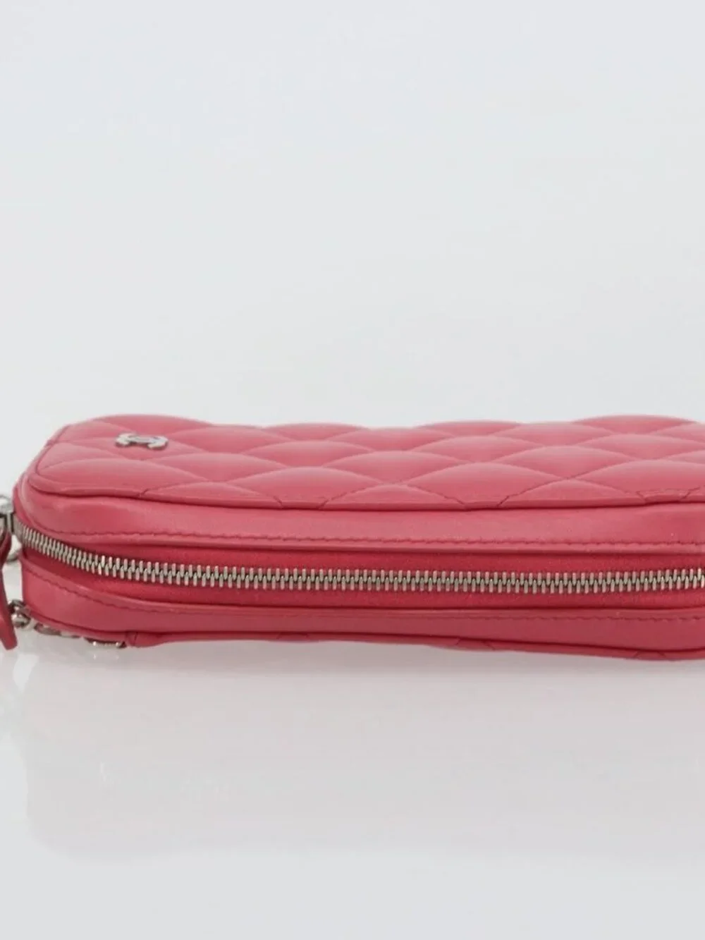 CHANEL Phone Pouch Lamb Skin Pink Silver CC Auth ka4502M
